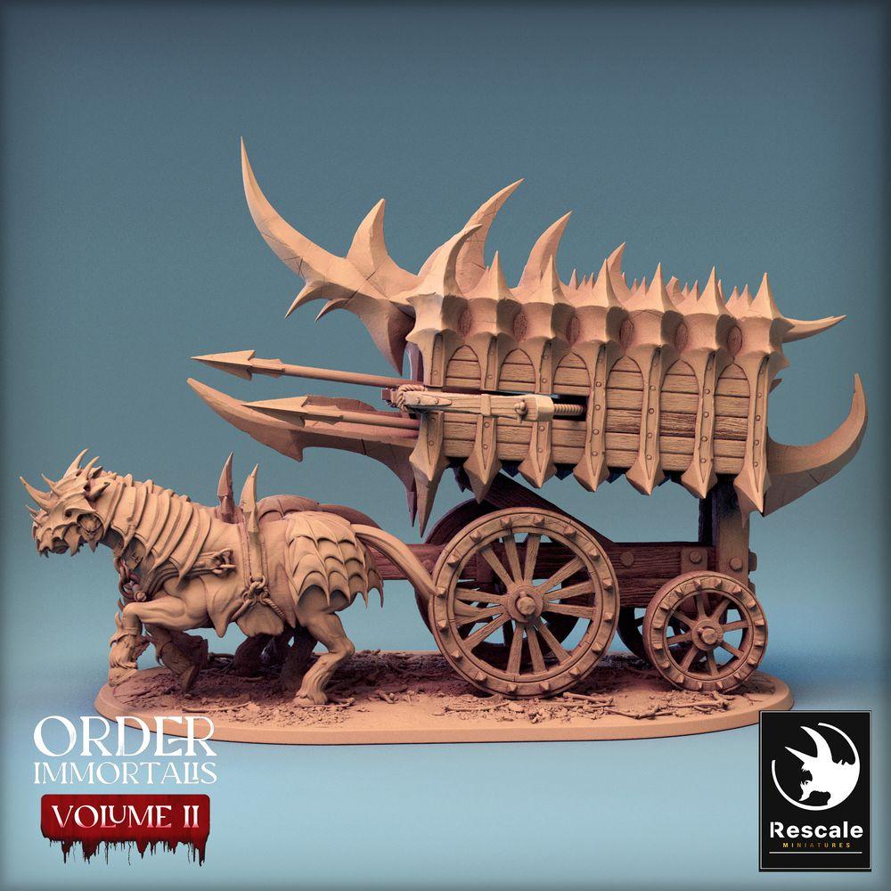 Produktfoto Tabletop 28mm Lord of the Print (LotP) 0: Tabletop Miniatur: Bestiengezogener Dämonen-Streitwagen mit Balliste, Kriegs- und Belagerungsmaschine, Käfigwagen - Scorpio Run (24_02_B1)