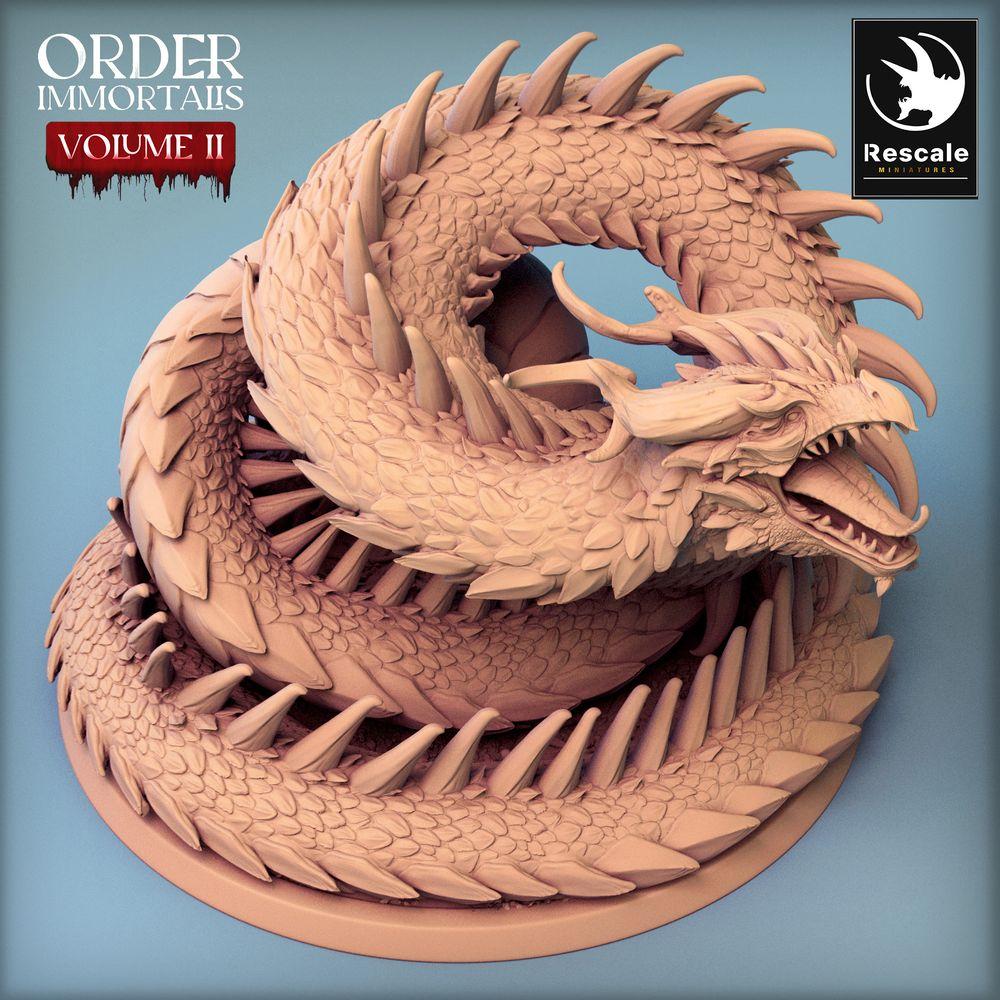 Foto del producto Tabletop 28mm Lord of the Print (LotP) 0: Miniatura de Tabletop: Dragón serpiente Lindwurm, Jefe Wyrm, serpiente gigante enrollada (24_02_E1)