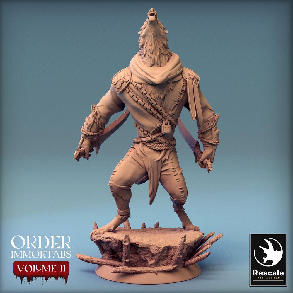 Produktfoto Tabletop 28mm Lord of the Print (LotP) 0: Tabletop Miniatur: Werwolf Krieger - heulender Lykanthrop, Barbar und Duellant mit zwei gebogenen Klingen (Werewolf Howl) (24_02_C4)