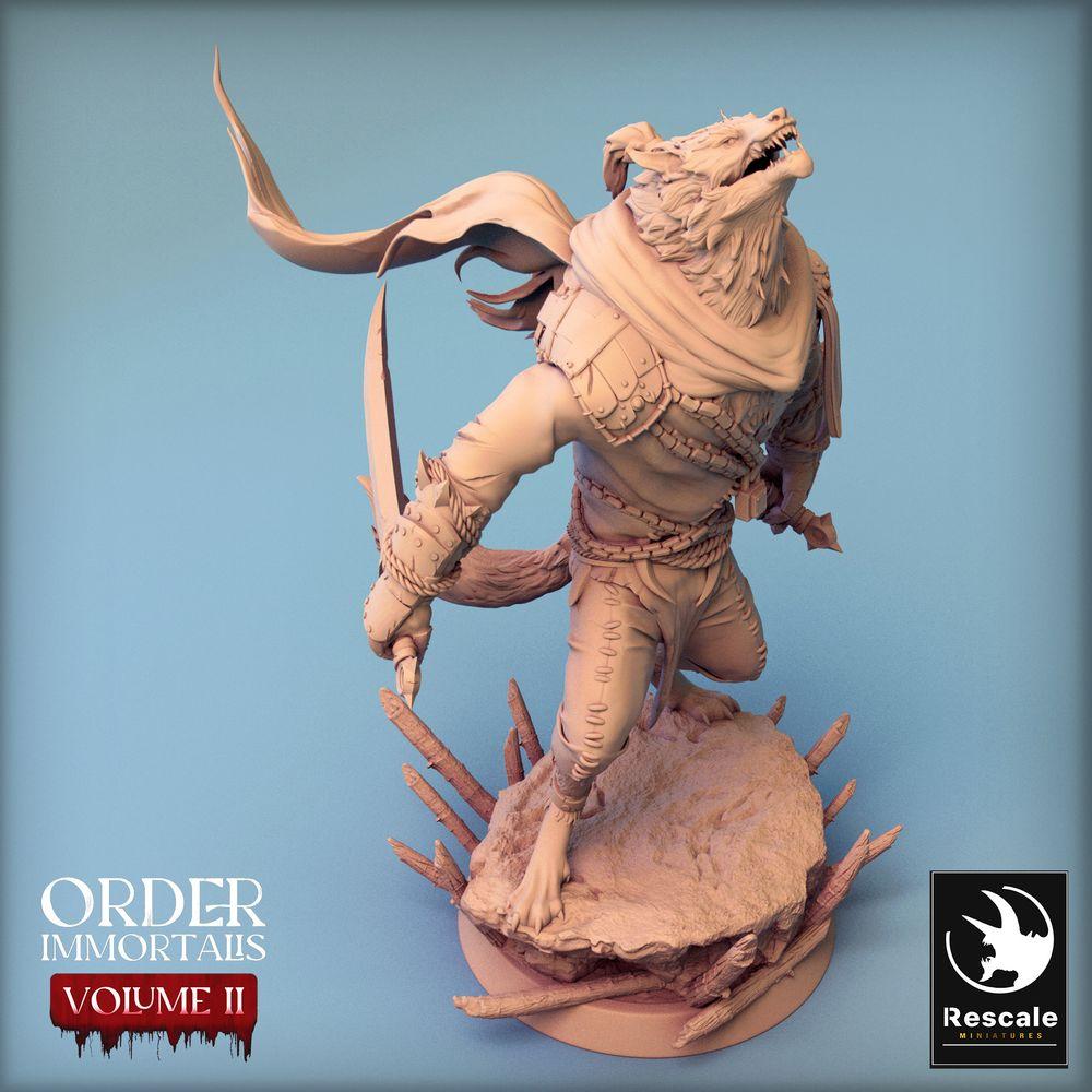 Produktfoto Tabletop 28mm Lord of the Print (LotP) 0: Tabletop Miniatur: Werwolf Krieger - heulender Lykanthrop, Barbar und Duellant mit zwei gebogenen Klingen (Werewolf Howl) (24_02_C4)