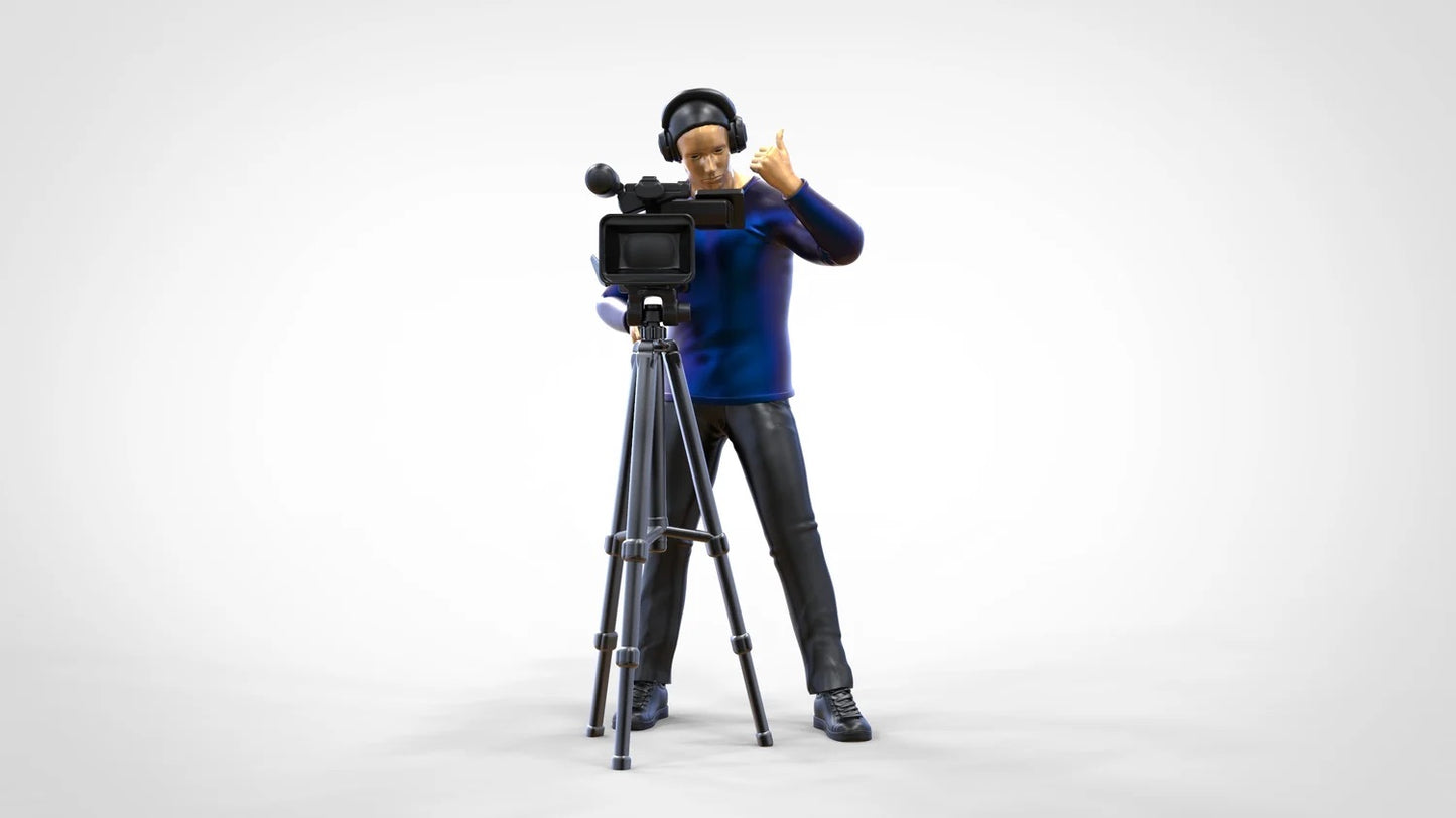 Produktfoto Diorama und Modellbau Miniatur Figur: Reporter Team - Kameramann mit Kamera und Stativ