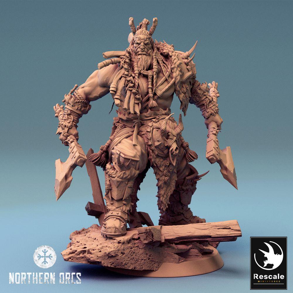 Foto del producto Tabletop 28mm Lord of the Print (LotP) 0: Miniatura de Tabletop: Orco Berserker, Jefe de Guerra Orco, Guerrero con dos hachas (24_04_E1)