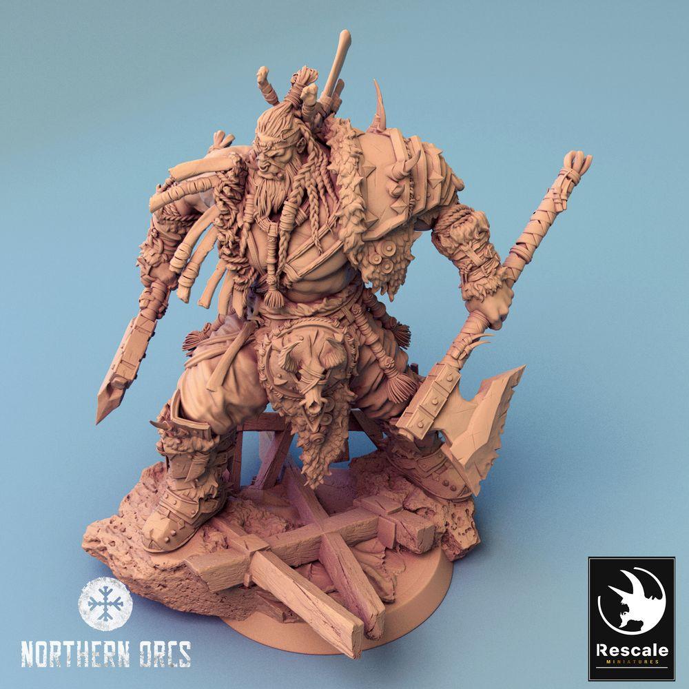 Foto del producto Tabletop 28mm Lord of the Print (LotP) 0: Miniatura de Tabletop: Orco Berserker, Jefe de Guerra Orco, Guerrero con dos hachas (24_04_E1)
