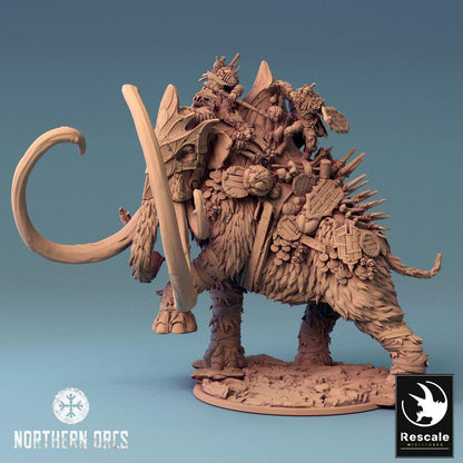 Foto del producto Tabletop 28mm Lord of the Print (LotP) 0: Miniatura de Tabletop: Mammut de guerra, Mammut de hielo con howdah y jinetes de bestias, Bestia de asedio Mammut de guerra (24_04_X)