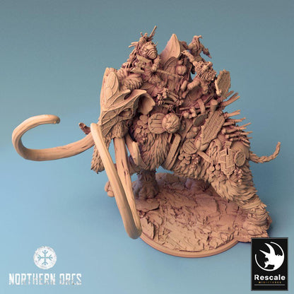 Foto del producto Tabletop 28mm Lord of the Print (LotP) 0: Miniatura de Tabletop: Mammut de guerra, Mammut de hielo con howdah y jinetes de bestias, Bestia de asedio Mammut de guerra (24_04_X)