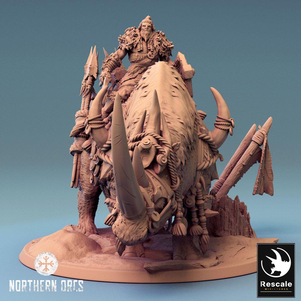 Foto del producto Tabletop 28mm Lord of the Print (LotP) 0: Miniatura de Tabletop: Señor de la Guerra Orco sobre Rinoceronte Gigante, Jinete de Bestias con Lanza, Jinete Orco de Rinoceronte (24_04_D2)