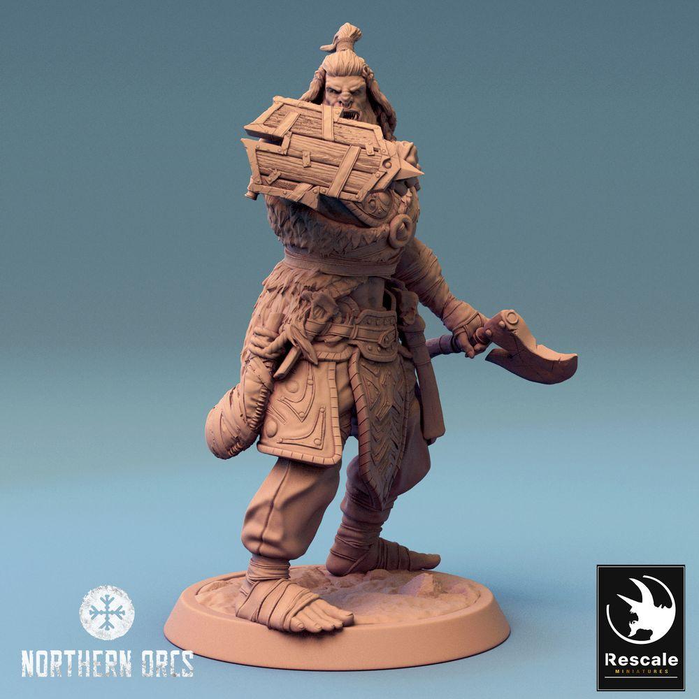 Foto del producto Tabletop 28mm Lord of the Print (LotP) 0: Miniatura de Tabletop: Guerrero/Berserker Orco con espada curva y escudo de cofre, Guerrero Orco (24_04_H1)