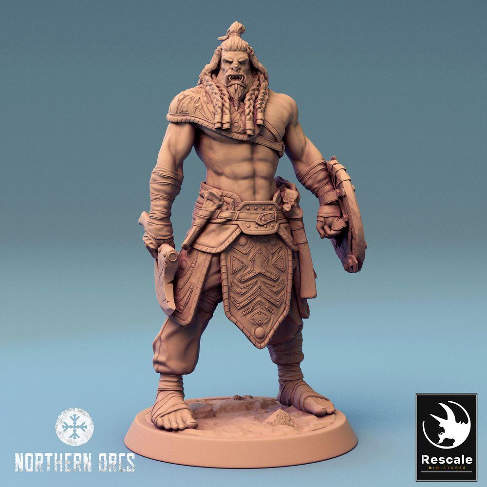 Foto del producto Tabletop 28mm Lord of the Print (LotP) 0: Miniatura de Tabletop: Guerrero Orco con hacha y escudo redondo, Bárbaro, Berserker, Guerrero tribal, Señor de la guerra, Campeón, Guerrero Orco (24_04_H3)