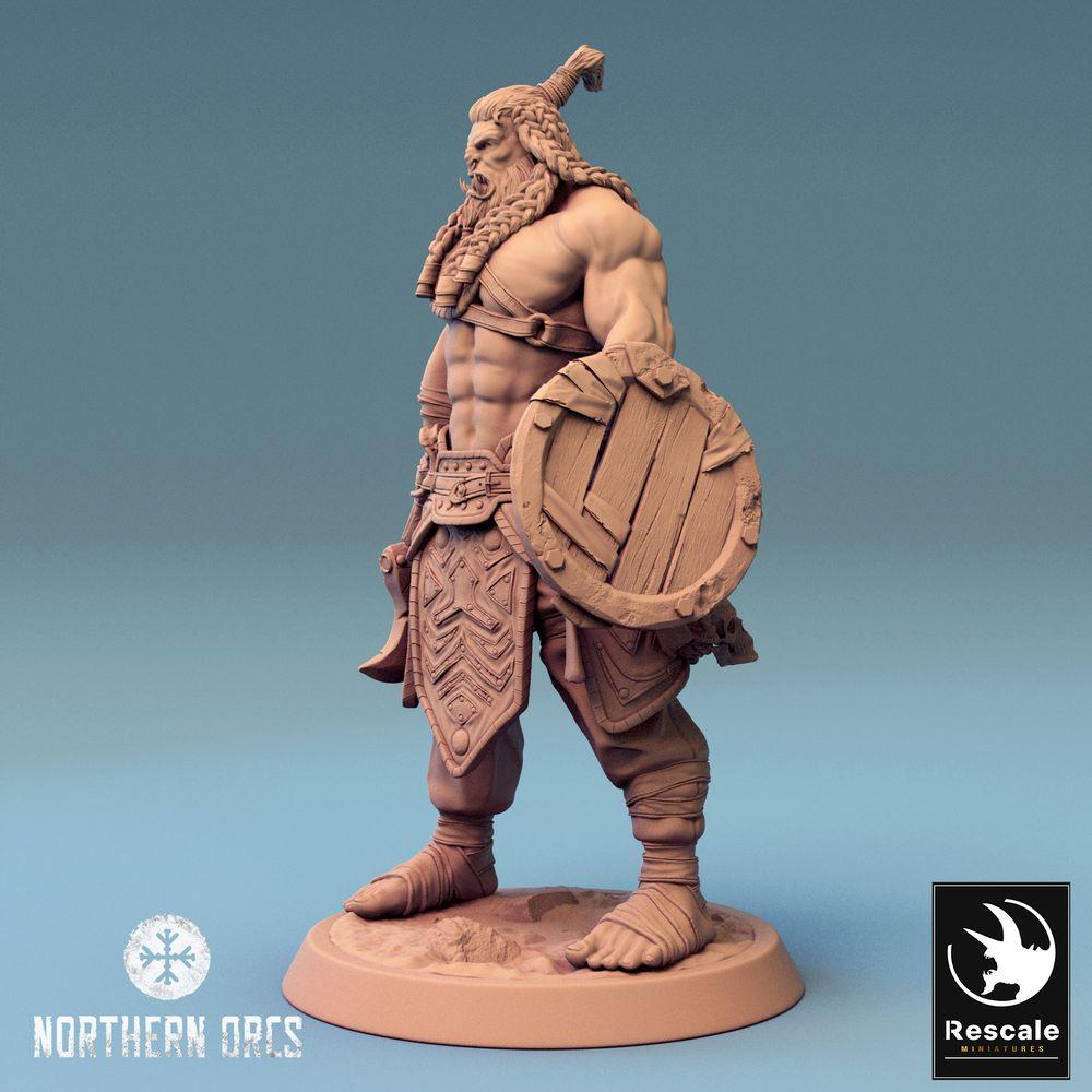Foto del producto Tabletop 28mm Lord of the Print (LotP) 0: Miniatura de Tabletop: Guerrero Orco con hacha y escudo redondo, Bárbaro, Berserker, Guerrero tribal, Señor de la guerra, Campeón, Guerrero Orco (24_04_H3)