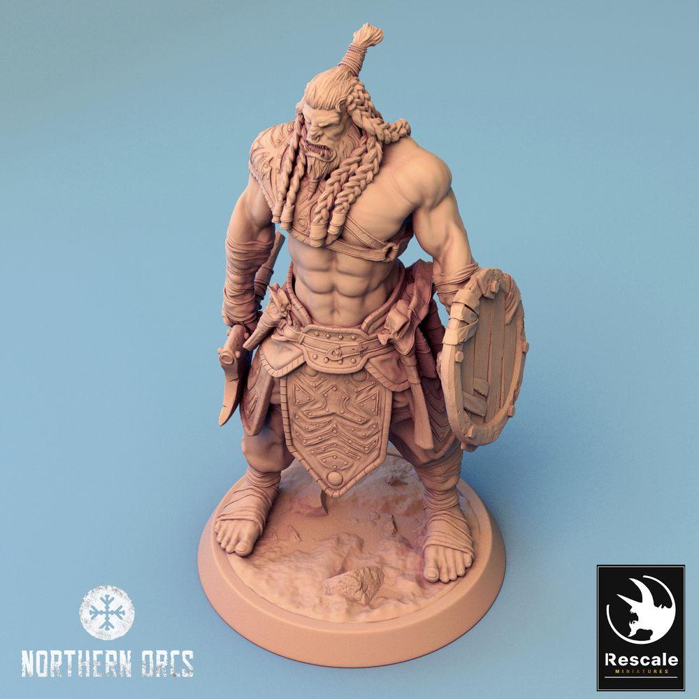 Foto del producto Tabletop 28mm Lord of the Print (LotP) 0: Miniatura de Tabletop: Guerrero Orco con hacha y escudo redondo, Bárbaro, Berserker, Guerrero tribal, Señor de la guerra, Campeón, Guerrero Orco (24_04_H3)