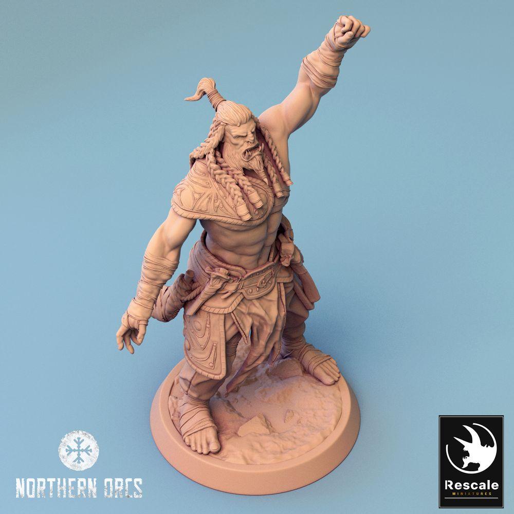 Foto del producto Tabletop 28mm Lord of the Print (LotP) 0: Figura de fantasía: Señor de la guerra orco, jefe en la llamada de guerra - Guerrero tribal bárbaro (24_04_F2)