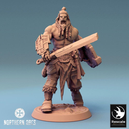 Foto del producto Tabletop 28mm Lord of the Print (LotP) 0: Miniatura de Tabletop: Guerrero Orco - bárbaro rugiente con espada grande y escudo, Berserker (24_04_J1)