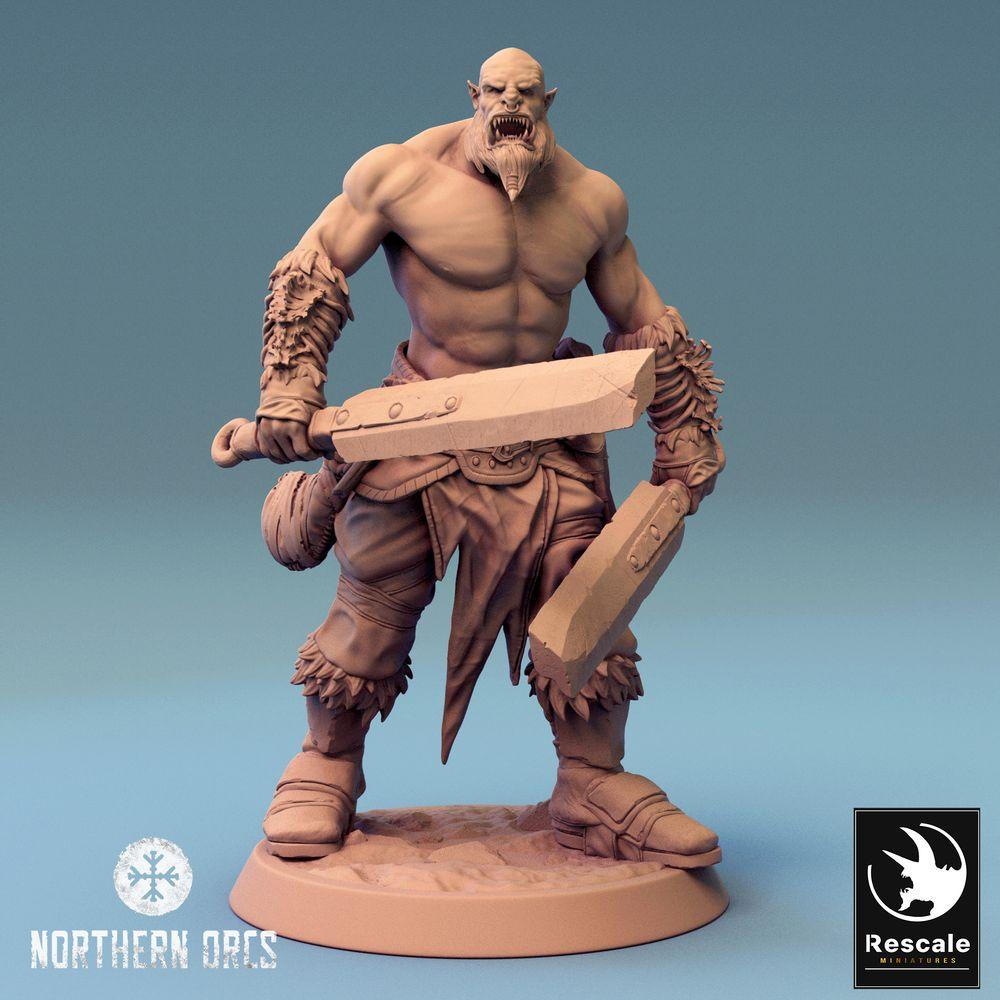 Foto del producto Tabletop 28mm Lord of the Print (LotP) 0: Figura de Fantasía: Guerrero Orco, Berserker con dos espadas, Campeón de la tribu (Guerrero Orco a Doble Empuñadura) (24_04_J5)