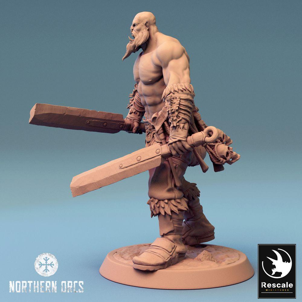 Foto del producto Tabletop 28mm Lord of the Print (LotP) 0: Figura de Fantasía: Guerrero Orco, Berserker con dos espadas, Campeón de la tribu (Guerrero Orco de Doble Empuñadura) (24_04_J5)