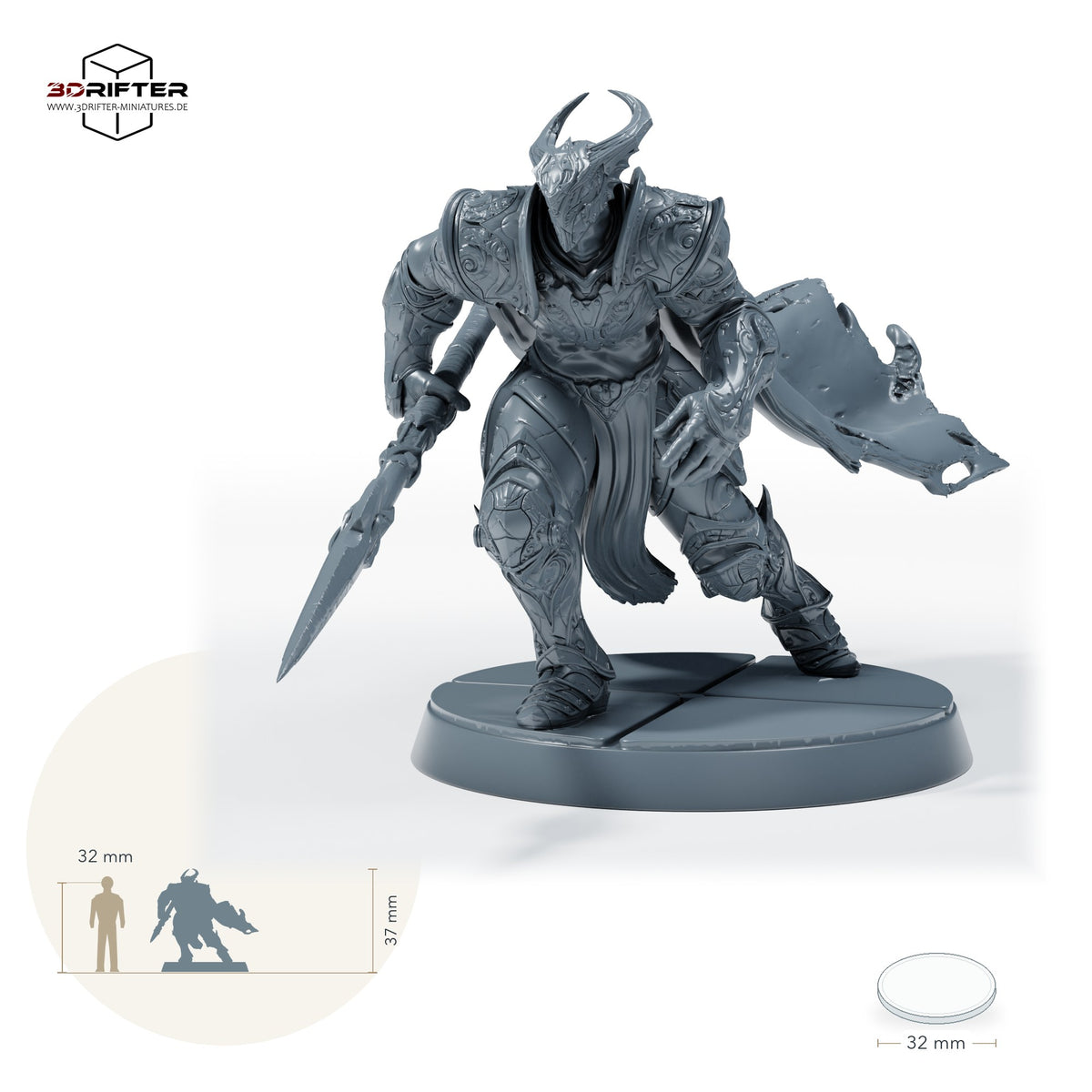 Bahamut-Ritter mit Speer – C: Größenvergleich, ca. 37 mm Gesamthöhe inklusive Base und höchstem Teil, mit 32-mm-Referenzfigur.