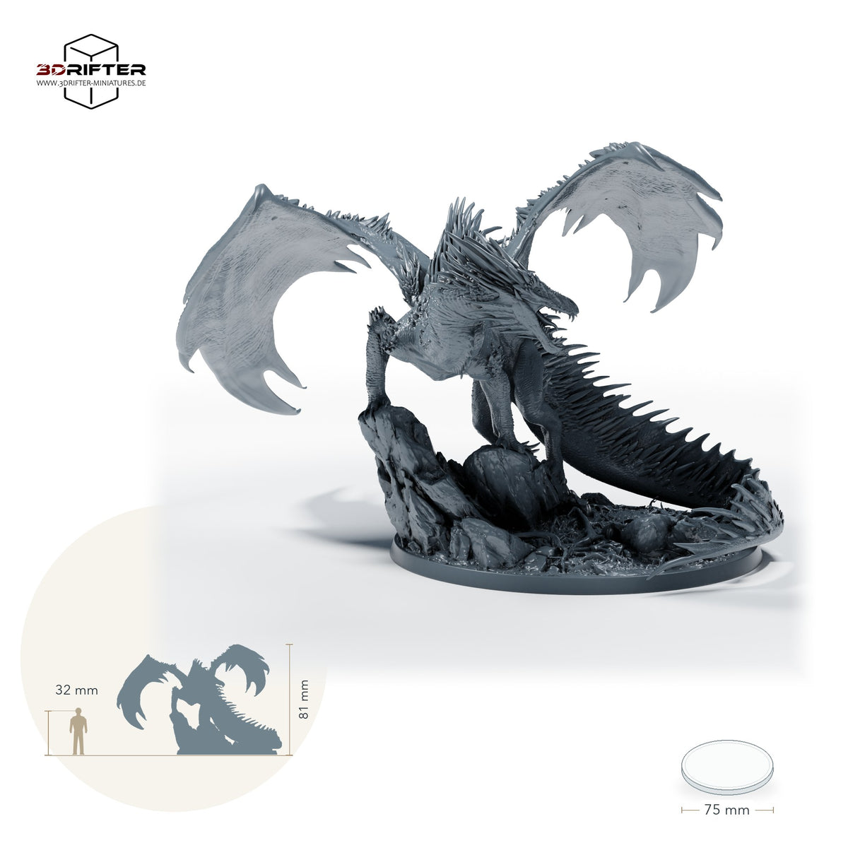 Topasdrache: Größenvergleich, ca. 81 mm Gesamthöhe inklusive Base und höchstem Teil, mit 32-mm-Referenzfigur.