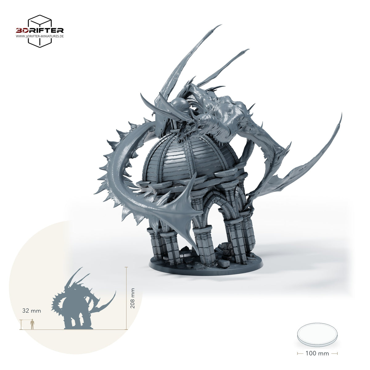 Verfluchter Drache – Ohne Reiter: Größenvergleich, ca. 208 mm Gesamthöhe inklusive Base und höchstem Teil, mit 32-mm-Referenzfigur.