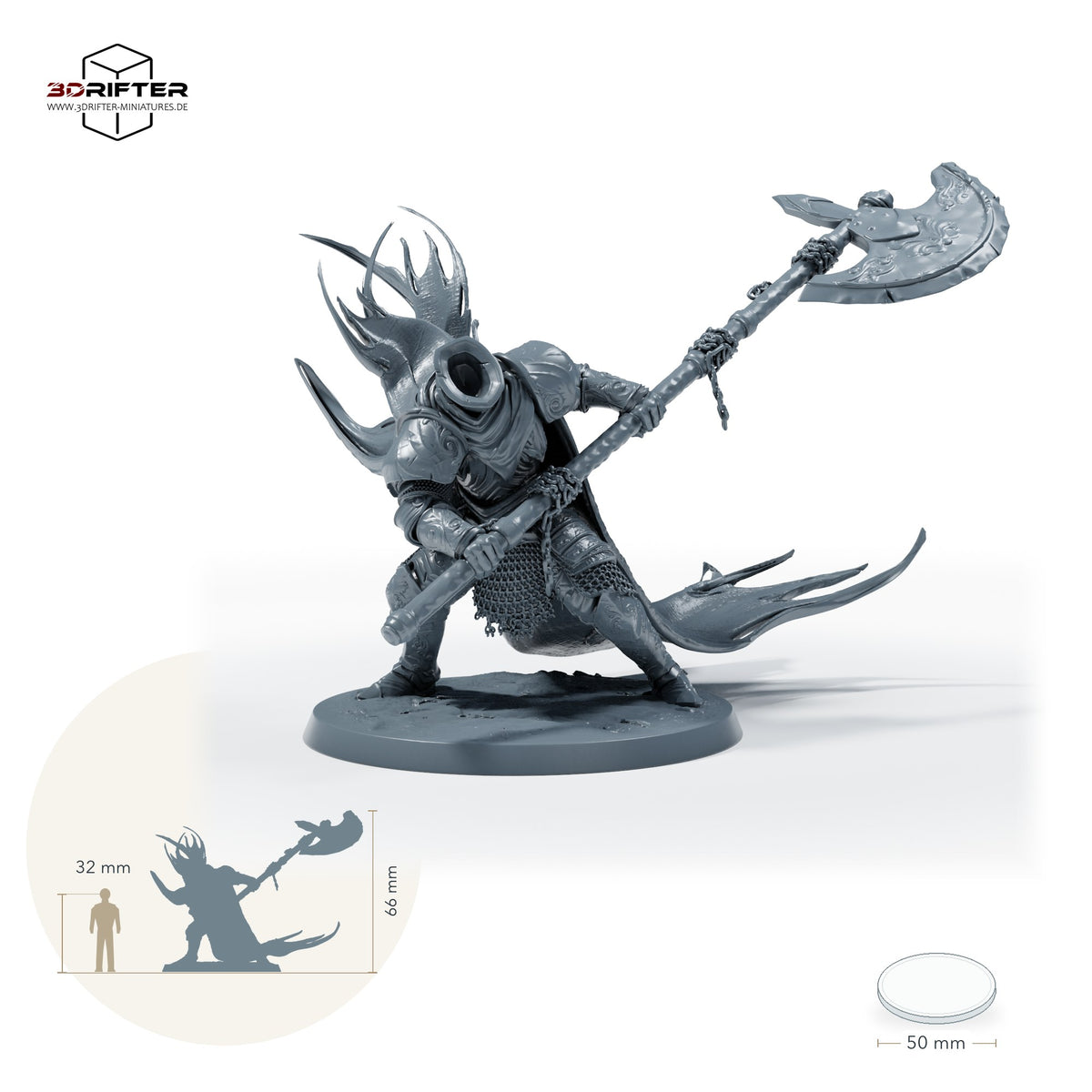 Gepanzerter Axtkrieger – Standard: Größenvergleich, ca. 66 mm Gesamthöhe inklusive Base und höchstem Teil, mit 32-mm-Referenzfigur.