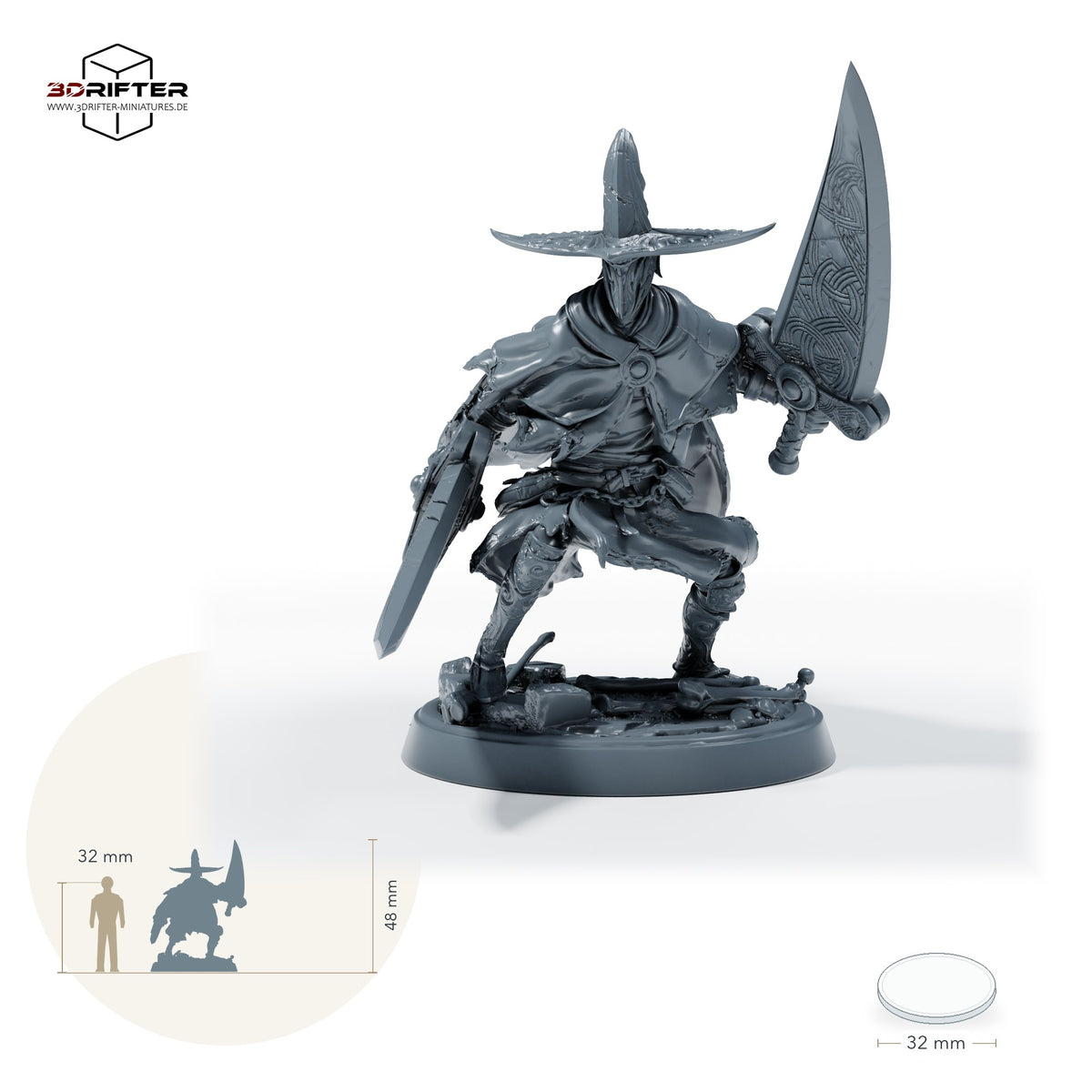 Maskierter Doppelschwertkämpfer – Standard (26_05_F8): Größenvergleich, ca. 48 mm Gesamthöhe inklusive Base und höchstem Teil, mit 32-mm-Referenzfigur.