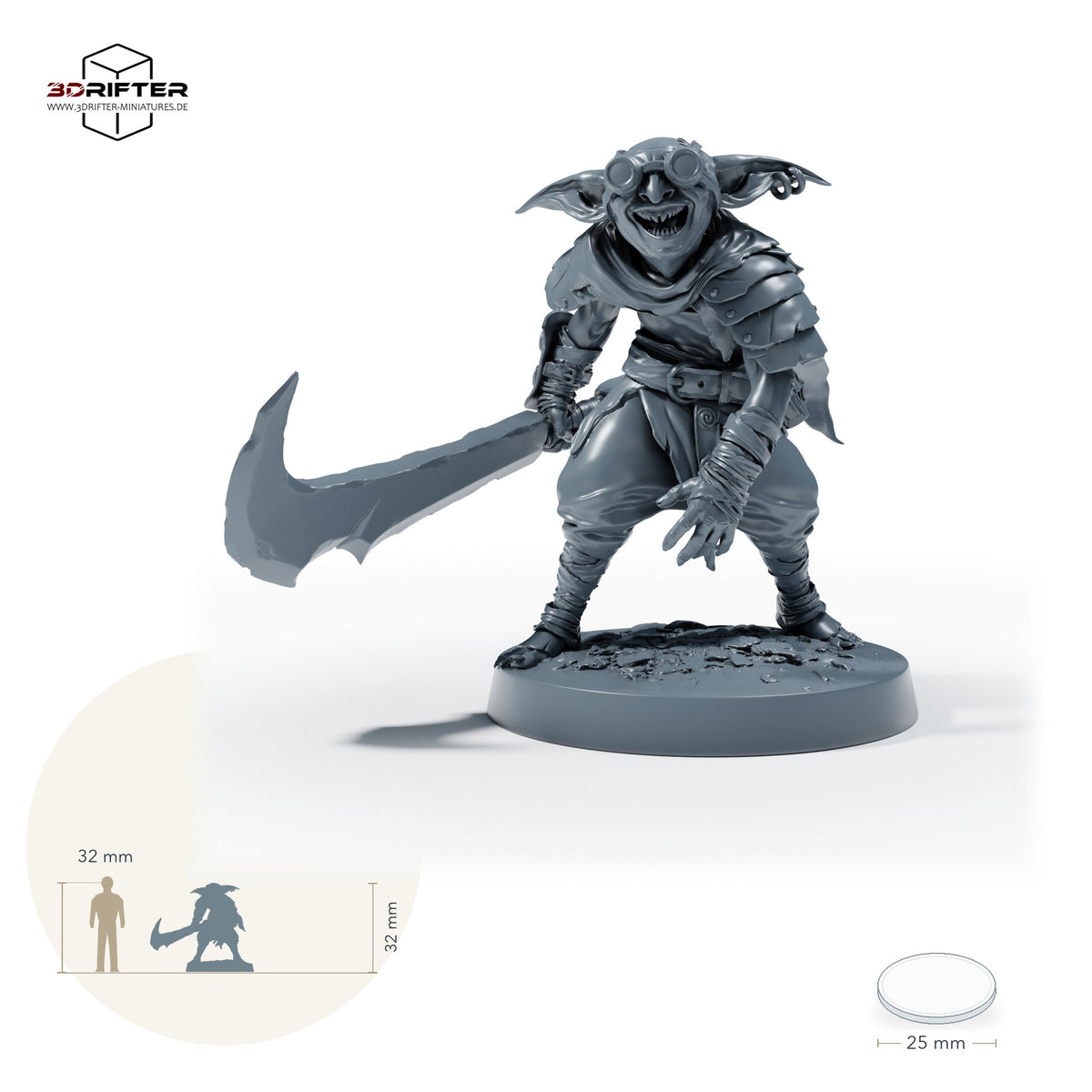Goblin-Schwertkämpfer – C: Größenvergleich, ca. 32 mm Gesamthöhe inklusive Base und höchstem Teil, mit 32-mm-Referenzfigur.