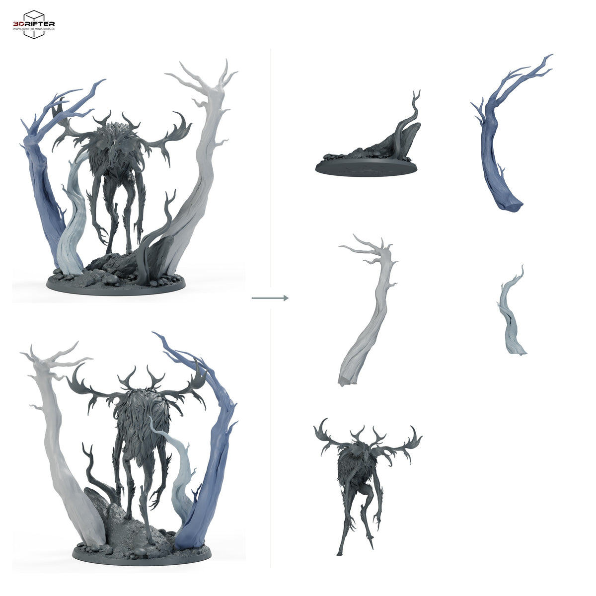 Wendigo mit Geweih: Bauteilübersicht mit Vorder- und Rückansicht sowie 5 farblich markierten Einzelteilen.