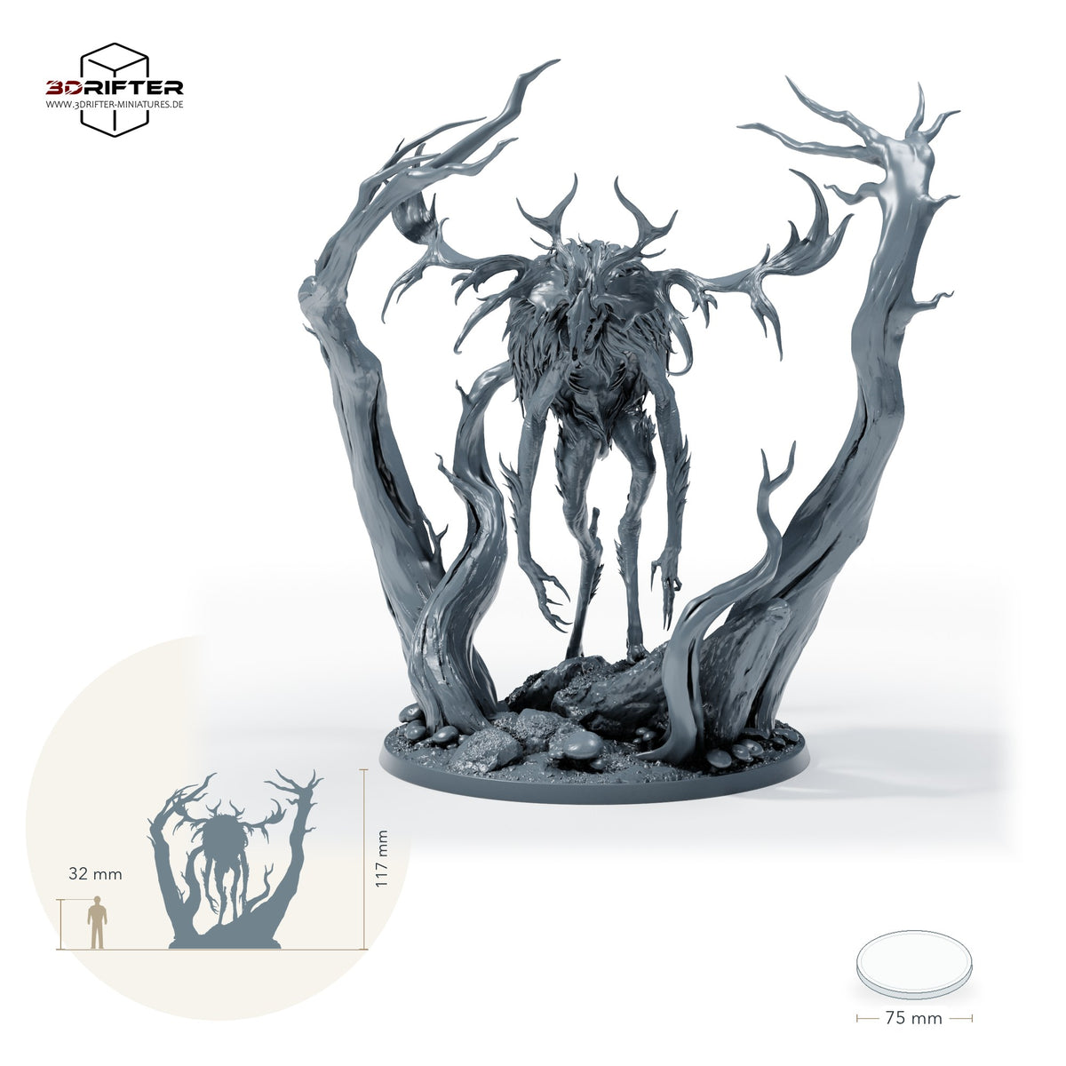Wendigo mit Geweih: Größenvergleich, ca. 117 mm Gesamthöhe inklusive Base und höchstem Teil, mit 32-mm-Referenzfigur.