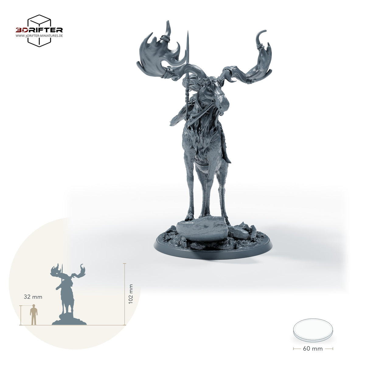 Hirschreiterin mit Speer – Mit Reiter: Größenvergleich, ca. 102 mm Gesamthöhe inklusive Base und höchstem Teil, mit 32-mm-Referenzfigur.