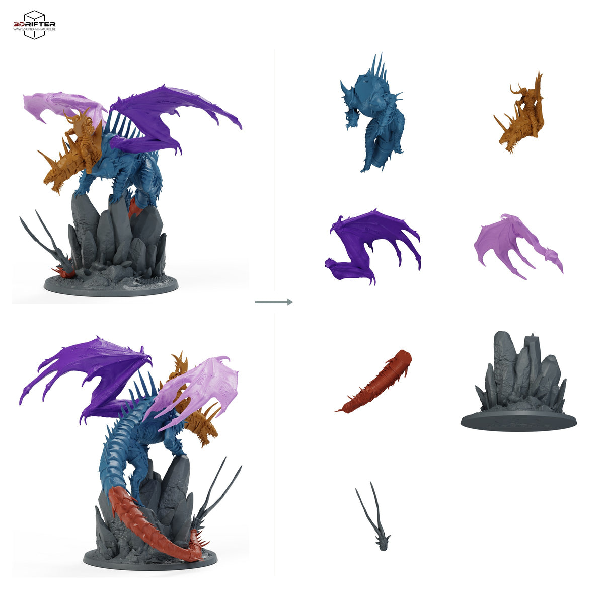 Ausgewachsener Fangdrache, gehörntes Drachenmonster mit ausgebreiteten Flügeln und Felsenbase – Mit Reiter: Bauteilübersicht mit Vorder- und Rückansicht sowie 7 farblich markierten Einzelteilen.
