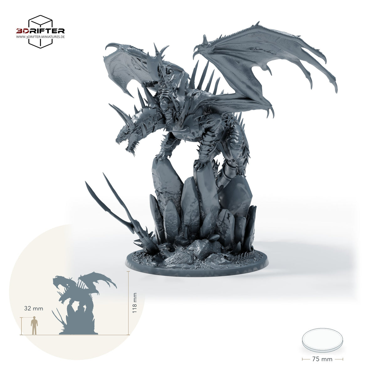 Ausgewachsener Fangdrache, gehörntes Drachenmonster mit ausgebreiteten Flügeln und Felsenbase – Mit Reiter: Größenvergleich, ca. 118 mm Gesamthöhe inklusive Base und höchstem Teil, mit 32-mm-Referenzfigur.