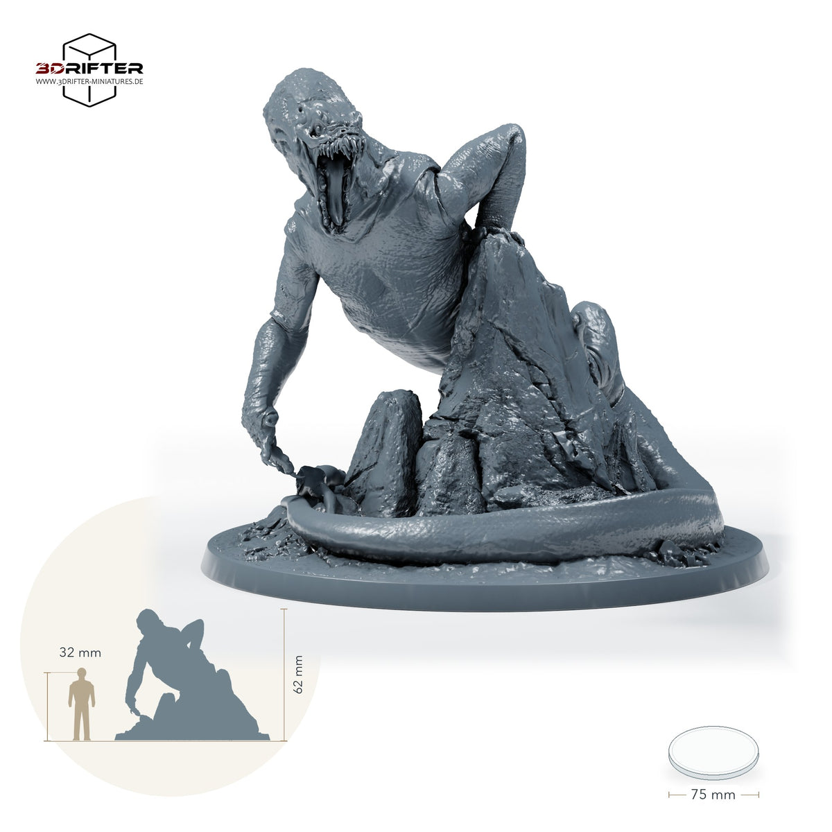 Iron Scale Ravager, unberittene Schuppenbestie mit Klauen und Reißzähnen, lauernd auf Felsbase – E: Größenvergleich, ca. 62 mm Gesamthöhe inklusive Base und höchstem Teil, mit 32-mm-Referenzfigur.