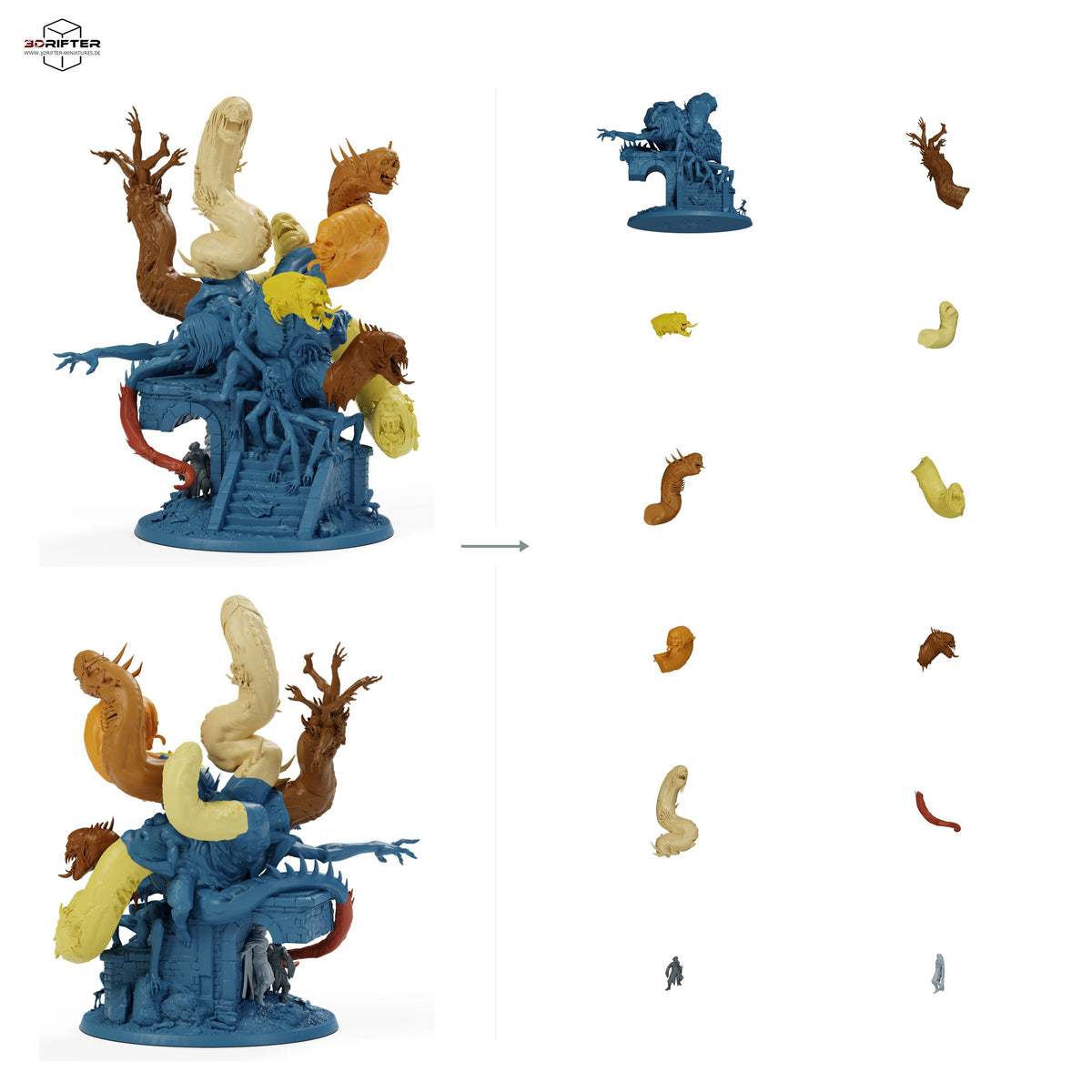 False Hydra 100mm, vielköpfiges Schlangen-Monster: Bauteilübersicht mit Vorder- und Rückansicht sowie 12 farblich markierten Einzelteilen.