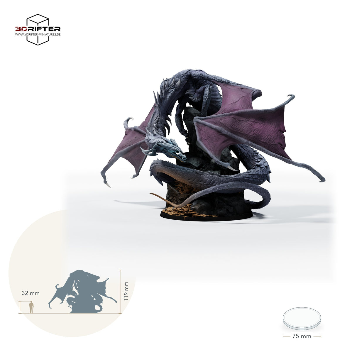 Erwachsener Geisterdrache, geflügeltes Drachenmonster mit Totenkopf und Schatzbase: Größenvergleich, ca. 119 mm Gesamthöhe inklusive Base und höchstem Teil, mit 32-mm-Referenzfigur.