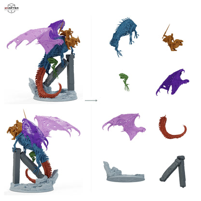 Roter Dracolich – beritten – fünf Posen – E2 – Schrei: Bauteilübersicht mit Vorder- und Rückansicht sowie 8 farblich markierten Einzelteilen.