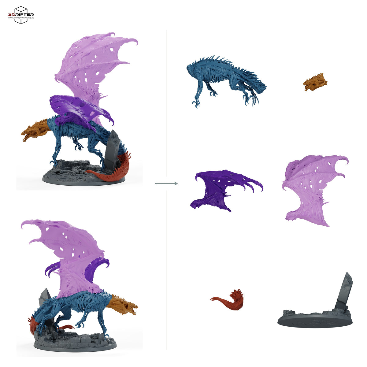 Roter Dracolich – unberitten – fünf Posen – E4 – Schleichend: Bauteilübersicht mit Vorder- und Rückansicht sowie 6 farblich markierten Einzelteilen.