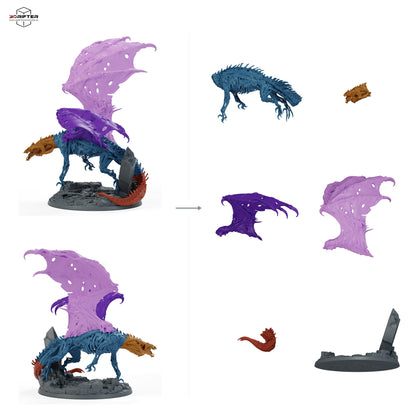 Roter Dracolich – unberitten – fünf Posen – E4 – Schleichend: Bauteilübersicht mit Vorder- und Rückansicht sowie 6 farblich markierten Einzelteilen.