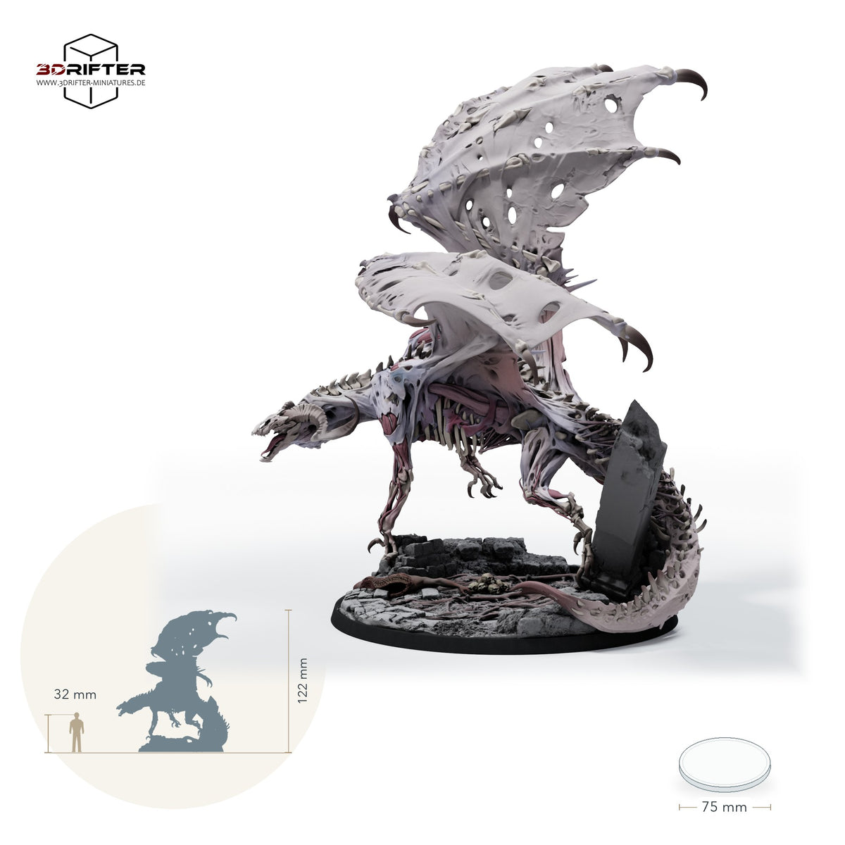 Roter Dracolich – unberitten – fünf Posen – E4 – Schleichend: Größenvergleich, ca. 122 mm Gesamthöhe inklusive Base und höchstem Teil, mit 32-mm-Referenzfigur.