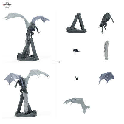 Roter Dracolich – unberitten – fünf Posen – E5 – Stehend: Bauteilübersicht mit Vorder- und Rückansicht sowie 7 farblich markierten Einzelteilen.