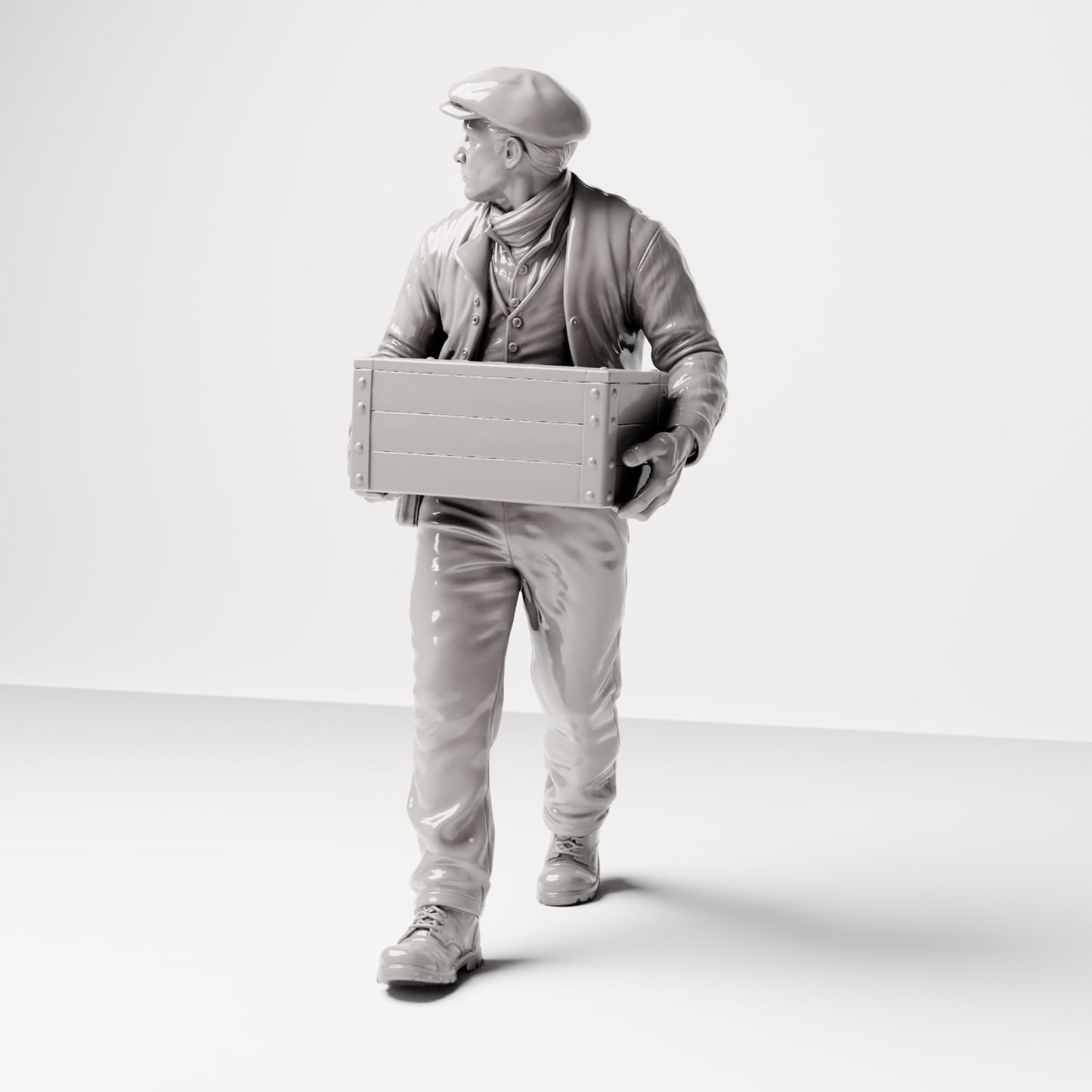 Foto de producto de maqueta de diorama 0: Figura histórica de diorama: estibador/trabajador portuario con caja de madera delante del abdomen (sc12)