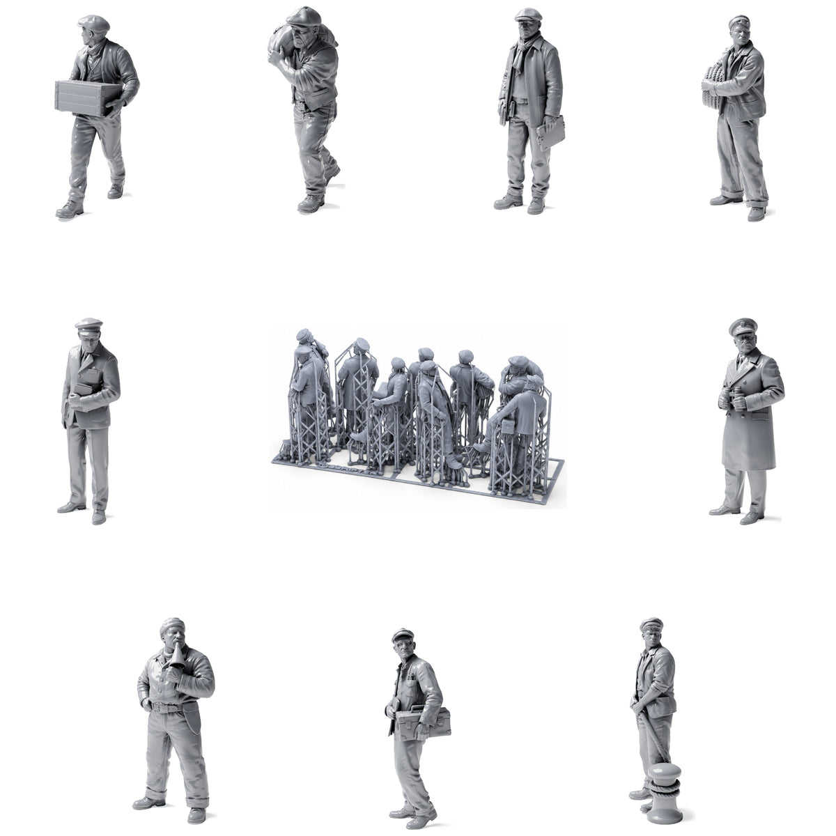 Trabajadores históricos de puerto y muelle - 9 figuras de resina sin pintar en vista general abierta