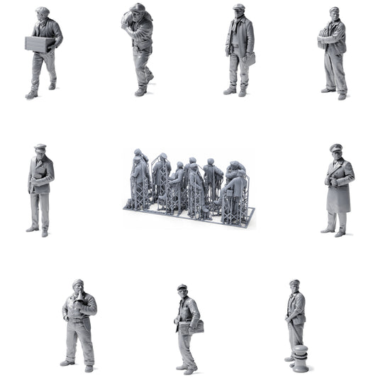 Trabajadores históricos de puerto y muelle - 9 figuras de resina sin pintar en vista general abierta