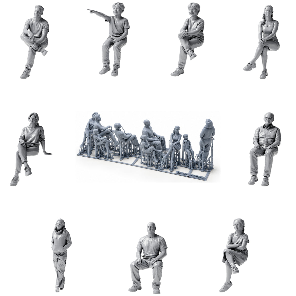 Figuras sentadas y transeúntes: 9 figuras de resina sin pintar en vista abierta