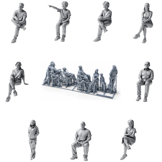 Figuras sentadas y transeúntes: 9 figuras de resina sin pintar en vista abierta