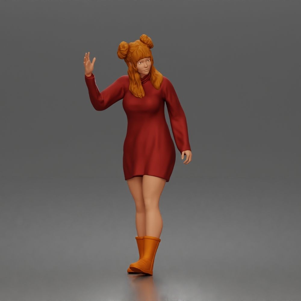 Diorama Modellbau Produktfoto 0: Stehende Figur: Winkende Frau ruft Taxi mit langärmeligem Kleid & Stiefeln (a204)