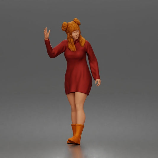 Foto de producto para maqueta de diorama 0: Figura de pie: mujer saludando llama a un taxi con vestido de manga larga y botas (a204)