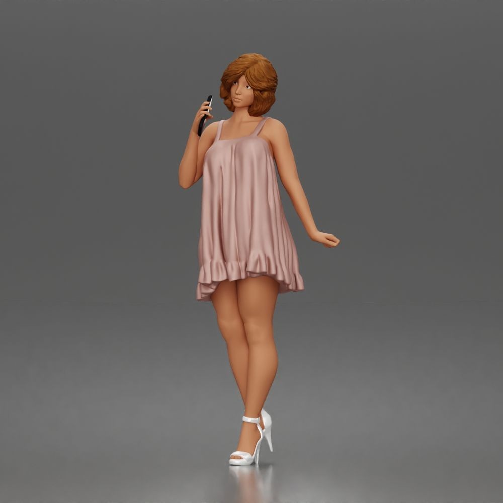 Foto de producto de maqueta para diorama 0: Figura de pie: mujer con vestido corto, teléfono móvil y zapatos de tacón (a180)