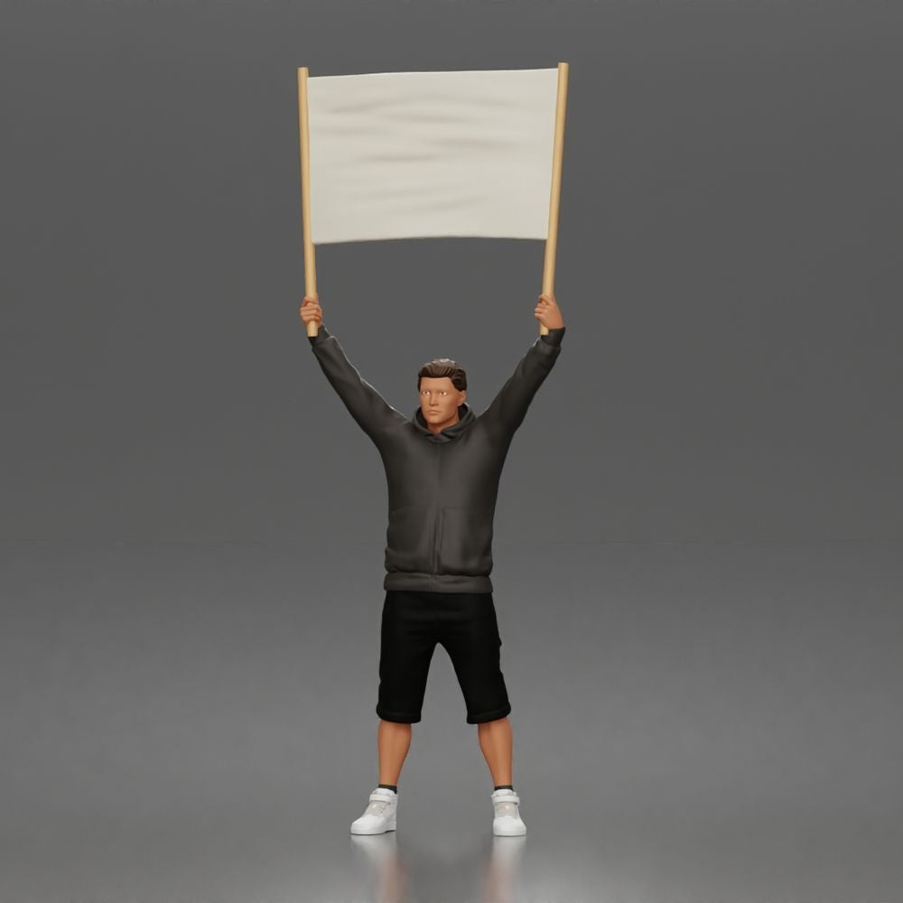 Foto de producto de maqueta para diorama 0: Figura de pie: manifestante con pancarta vacía, sudadera con capucha y pantalones cortos (a178)