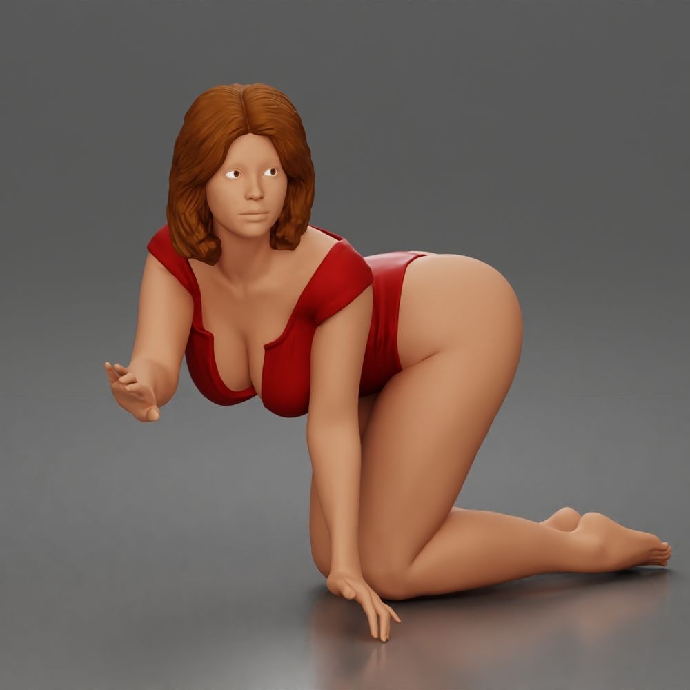 Foto de producto de maqueta para diorama 0: Figura arrodillada: mujer con bodysuit, torso inclinado hacia delante y mano en el suelo (a175)