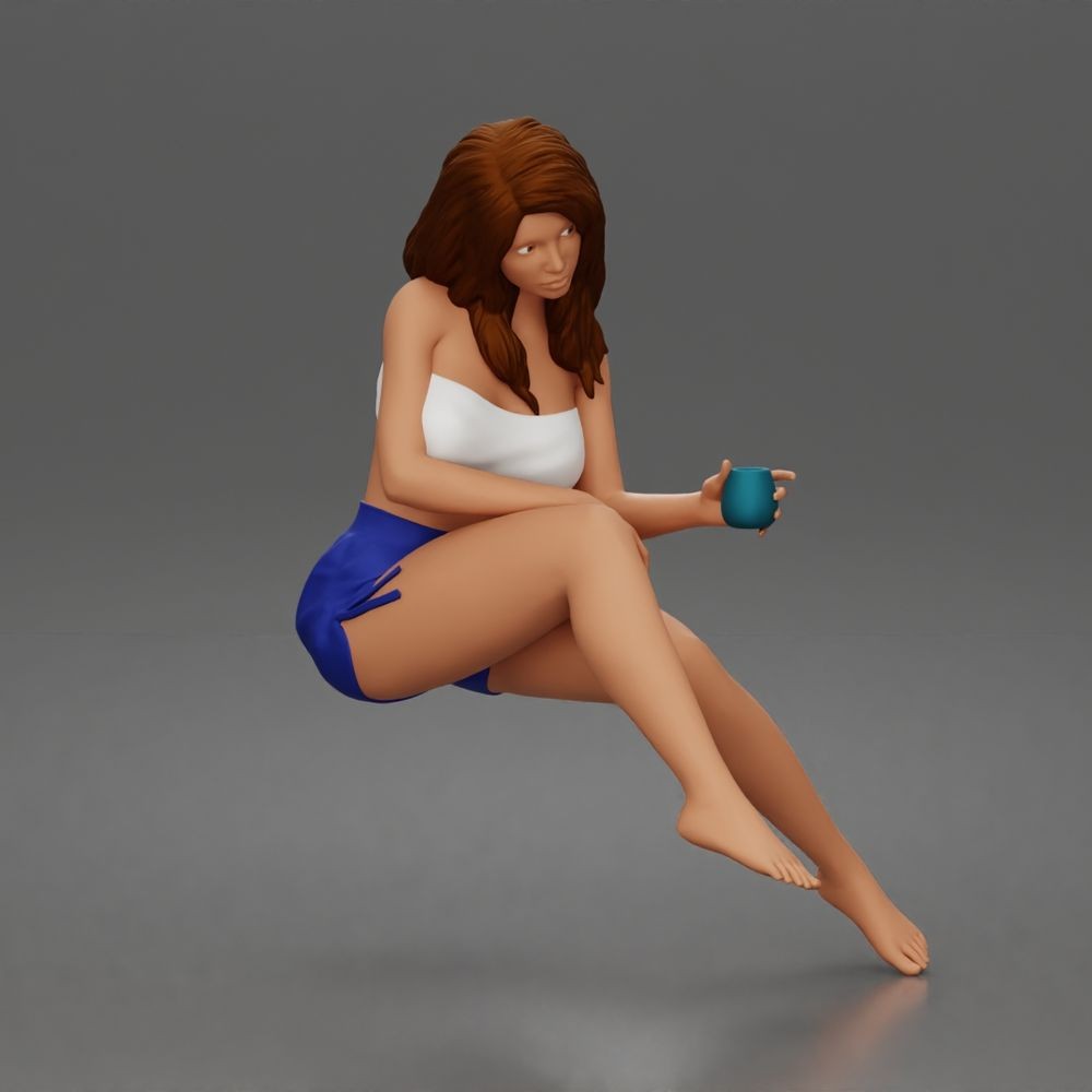 Foto de producto de maqueta para diorama 0: Figura arrodillada: mujer con top sin tirantes y pantalones cortos (a186)