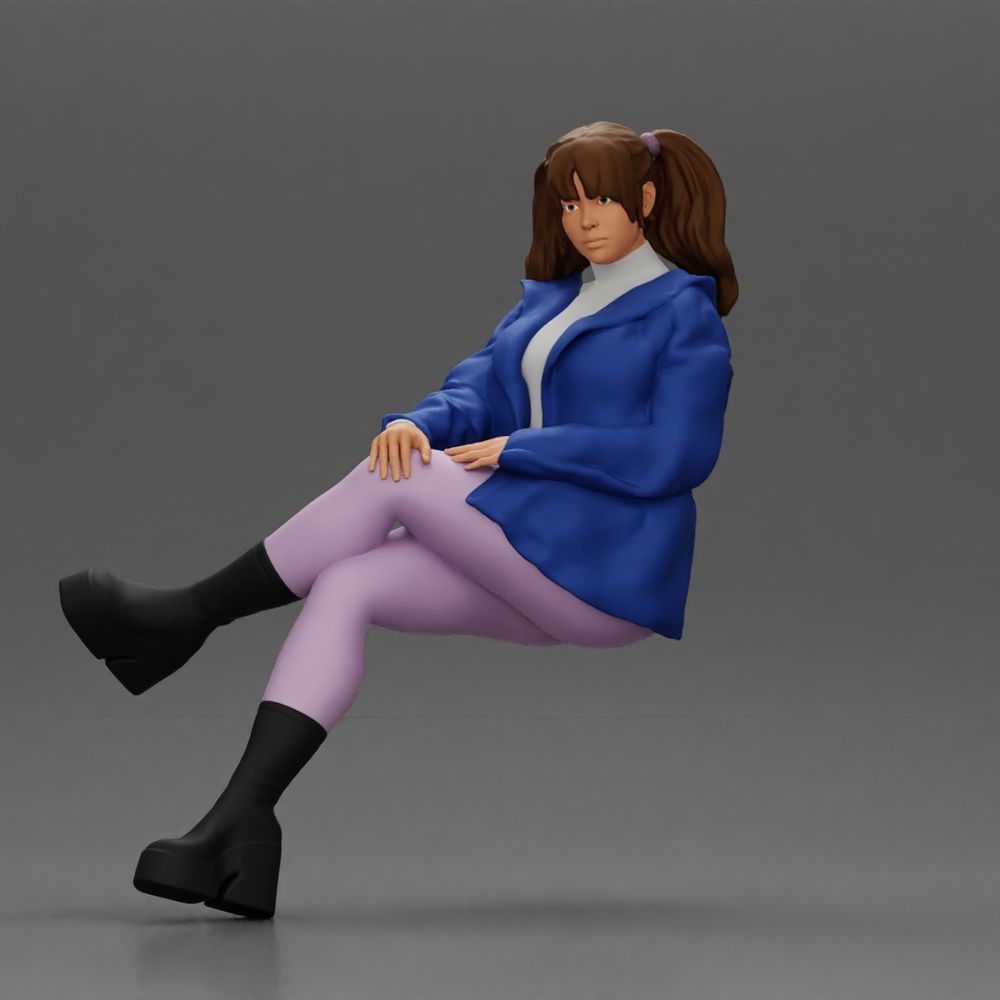 Foto de producto de maqueta para diorama 0: Figura sentada: mujer con las piernas cruzadas, coleta y chaqueta (a161)