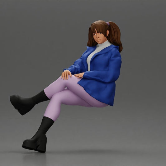 Diorama Modellbau Produktfoto 0: Sitzende Figur: Frau mit überkreuzten Beinen, Pferdeschwanz & Jacke (a161)